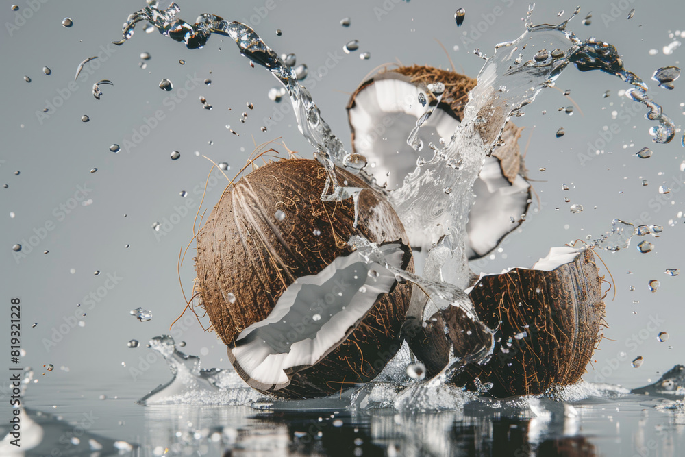 Cracked coconuts with water splash over gray background. Summer tropical concept. Cracked coconuts with water splash over gray background. Summer tropical concept.