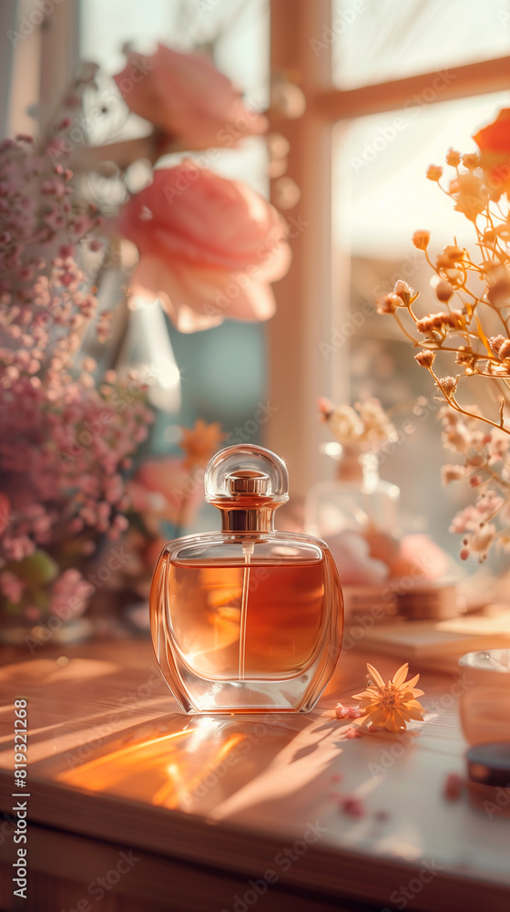A perfume bottle placed on a vanity table, surrounded by other beauty products, the pursuit of elegance and self-care pink flowers A perfume bottle placed on a vanity table, surrounded by other beauty products, the pursuit of elegance and self-care pink flowers