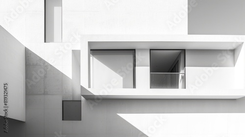 Minimalistic geometric architectural building structure with shadow and light against white wall. Image of house with white color in square design with blue clear sky. Modern home concept. AIG42.