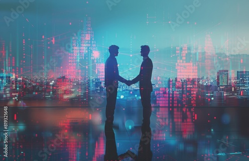 Two Businessmen Shaking Hands in Front of City Background