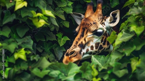 Giraffe amidst dense green foliage, head and neck visible photo