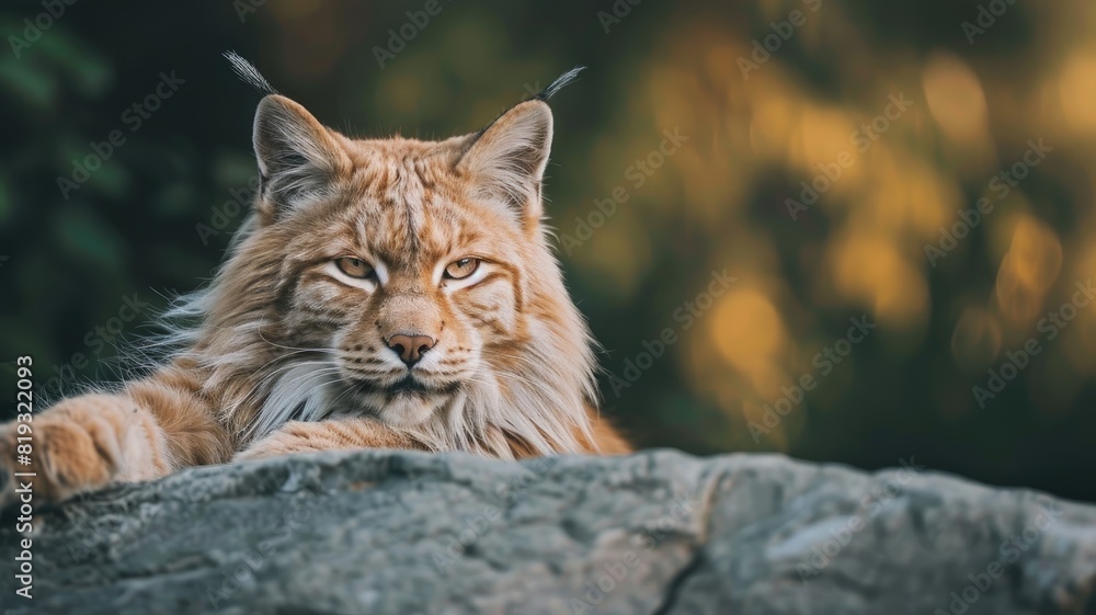Majestic lynx resting on rock, with lush forest background Majestic lynx resting on rock, with lush forest background