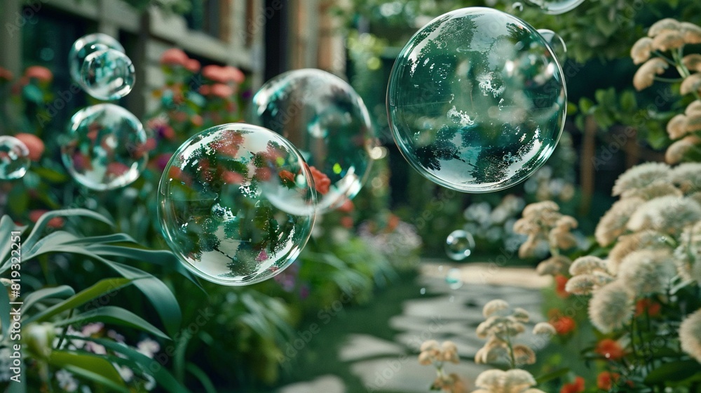 Floating bubbles above garden of numerous blooms and distant structure Floating bubbles above garden of numerous blooms and distant structure
