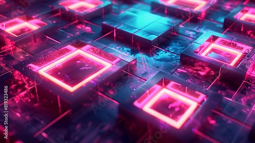 A digital labyrinth of square portals bathed in the glow of neon light, each offering a glimpse into a different dimension.