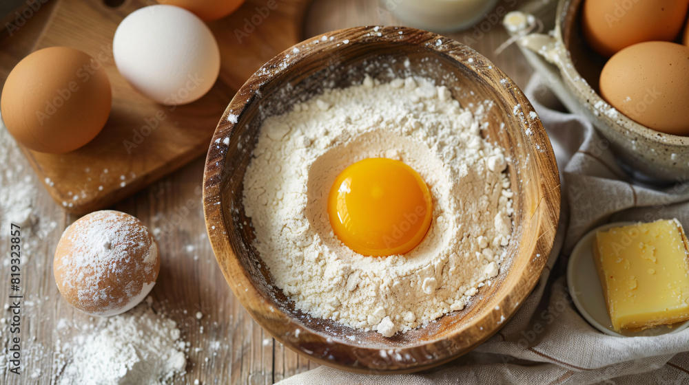 Egg yolk in a bowl of flour with baking ingredients. A culinary scene featuring an egg yolk resting in a mound of flour, surrounded by other baking ingredients, ready for preparation.. Egg yolk in a bowl of flour with baking ingredients. A culinary scene featuring an egg yolk resting in a mound of flour, surrounded by other baking ingredients, ready for preparation..