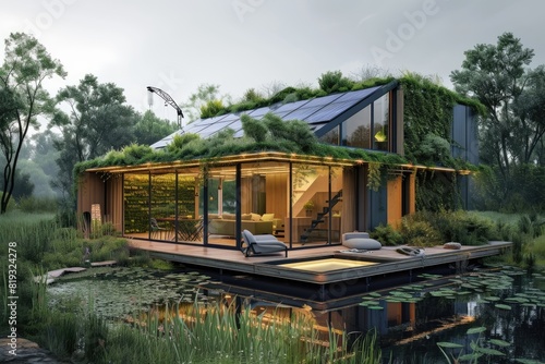 3d photo of solar energy house on the roof with water