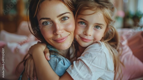 Woman Hugging Daughter on Pink Couch