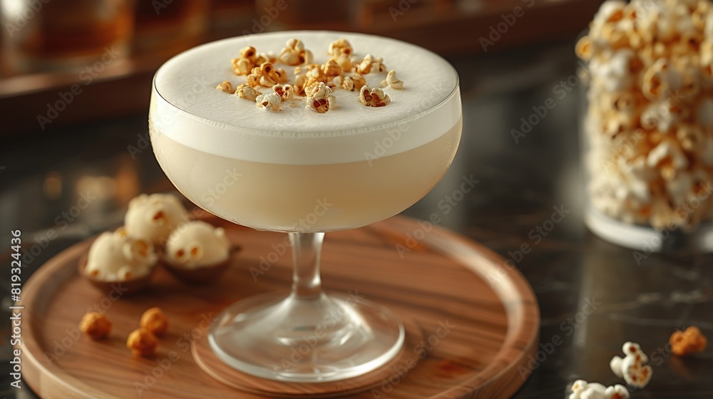 Drink atop wooden tray, adjacent to tall glass of drink & popcorn atop table Drink atop wooden tray, adjacent to tall glass of drink & popcorn atop table