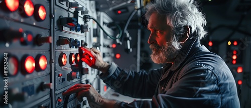 Photo of a man with grey hair and beard working on an electronic panel in a control room, with red lights flashing. Web banner with empty space on the left side.