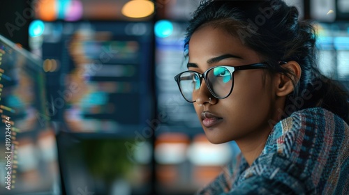 Smart Indian Female Student in Glasses Working on Software Development Assignment in a Quiet Public Library