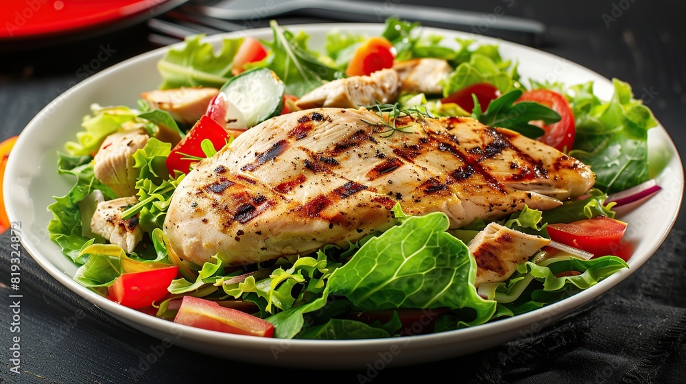 Grilled Chicken Breast, Fillet, and Fresh Vegetable Salad of Lettuce. Generative AI Grilled Chicken Breast, Fillet, and Fresh Vegetable Salad of Lettuce. Generative AI