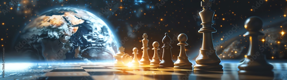 The chessboard is set against the backdrop of Earth, with pieces arranged in an elegant and balanced manner. The planet's surface reflects off each piece as if it were part of their design. A digital The chessboard is set against the backdrop of Earth, with pieces arranged in an elegant and balanced manner. The planet's surface reflects off each piece as if it were part of their design. A digital