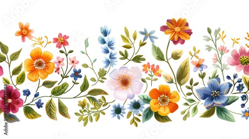 Floral embroidery. Seamless horizontal border with colorful flowers and leaves on white background. Beautiful print for fabric and textile. 