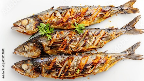Grilled Spicy Fish Isolated on White Background (Top View). Generative AI