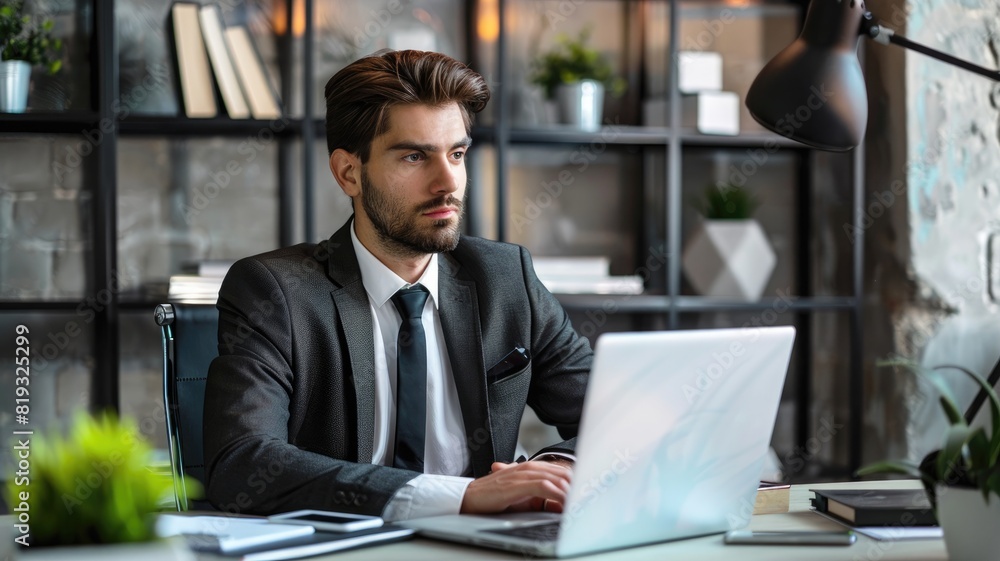 Young Caucasian man in suit working at desk with laptop modern office Young Caucasian man in suit working at desk with laptop modern office