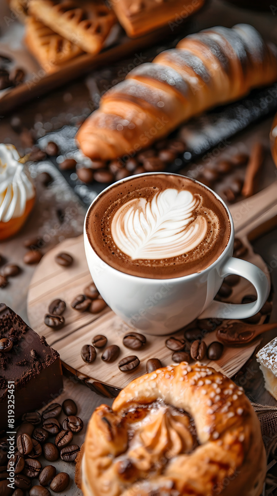 a cup of coffee (cappuccino) with foam and a pattern, sweets, fresh pastries and berries on the table a cup of coffee (cappuccino) with foam and a pattern, sweets, fresh pastries and berries on the table
