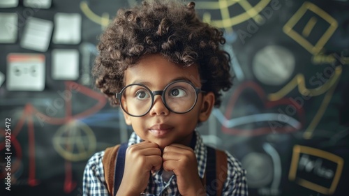 Curious boy with glasses stands before chalkboard mathematical drawings photo