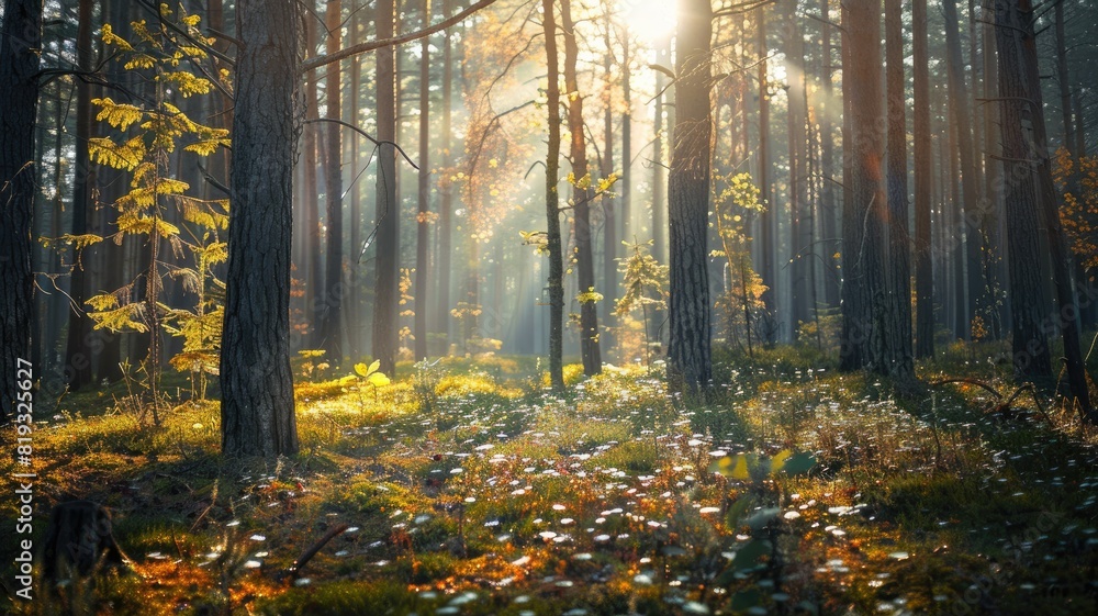 Sunlight filters through dense forest, illuminating undergrowth of ferns and wildflowers