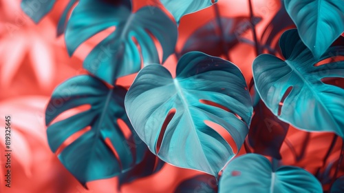 Abstract split philodendron leaves on turquoise coral background, tropical modern art aesthetics