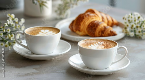 Two Cups of Coffee and a Croissant on a Plate