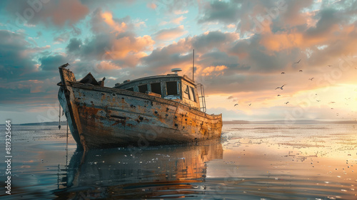 Abandoned wooden boat on calm water against colorful sunset sky with birds flying