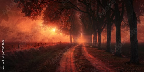 Smokey rural sunset or sunrise. Road, driveway, path, boulevard, byway, route, track, trail, street, row of trees. photo
