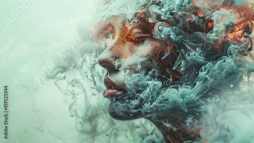 Artistic portrait of woman with smoke and fiery elements  abstract visual art