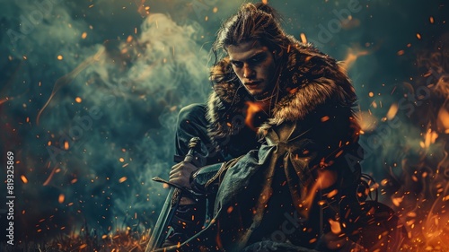 Fierce medieval warrior with sword in hand, surrounded by flames © Татьяна Макарова