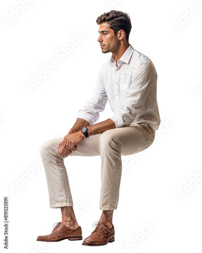 An Isolated sitting handsome young man wearing beige chino trousers and white shirt, cutout on transparent background, ready for architectural visualisation. png