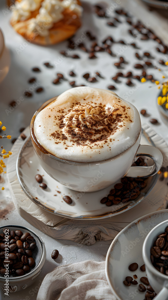 a cup of coffee (cappuccino) with foam and a pattern, sweets, fresh pastries and berries on the table a cup of coffee (cappuccino) with foam and a pattern, sweets, fresh pastries and berries on the table