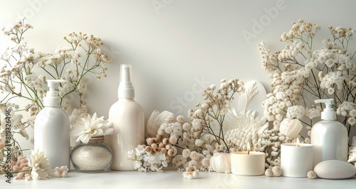 Group of White Bottles, Candles, and Flowers on White Background