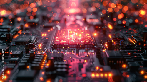 A computer chip with a glowing red center. The chip is surrounded by a black background. Concept of technology and innovation