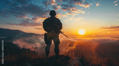  Solder standing ready for combat at sunrise. Concept for Memorial Day, Independence day, 4tf of July, Patriot Day, Veterans Day.