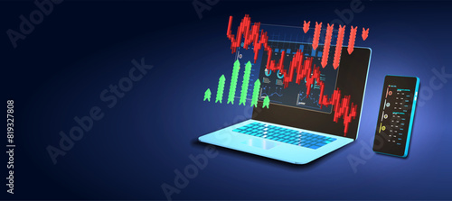 Online business analysis and analytics via a laptop application. The app features a dashboard with business analytics data, charts, investment management, trading, and financial information. Vector il