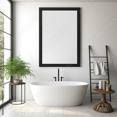 Modern bathroom interior with bathtub and empty painting for mock up.