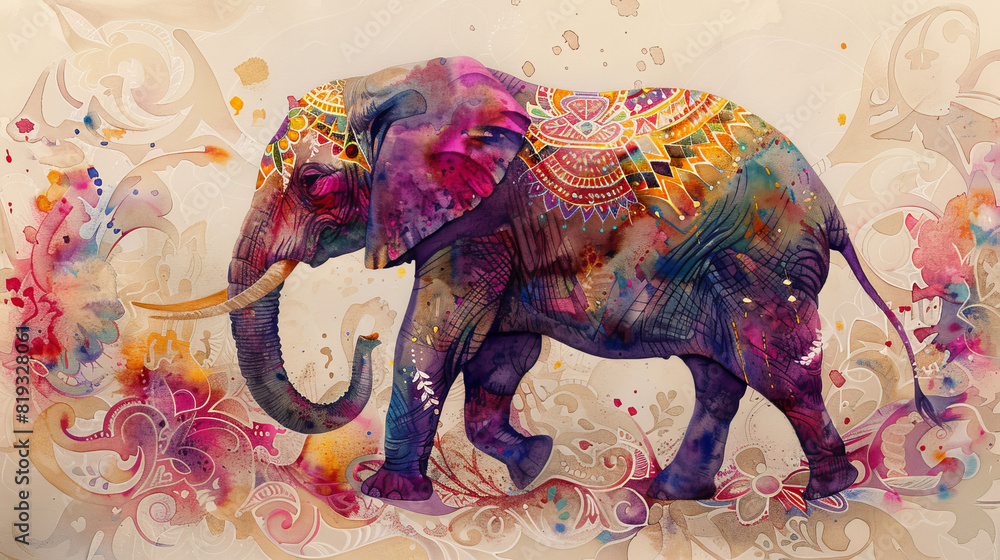 A colorful elephant walking through a painting with a lot of detail A colorful elephant walking through a painting with a lot of detail