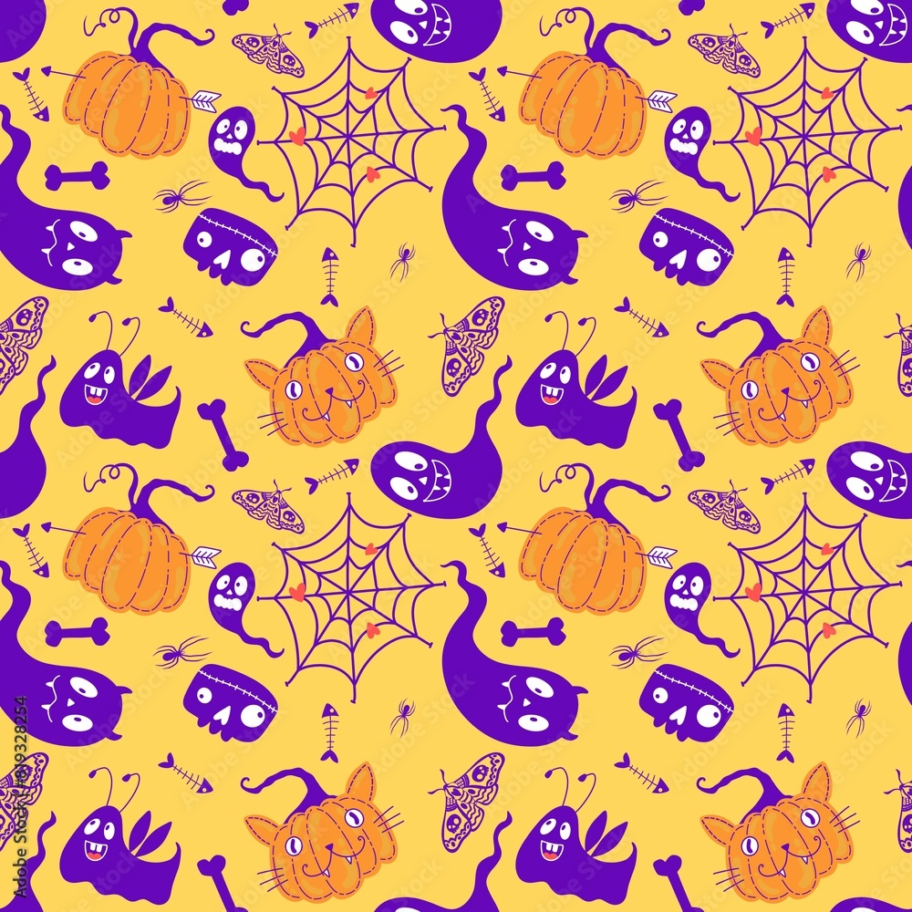 Halloween pumpkins seamless monsters pattern for wrapping paper and fabric Halloween pumpkins seamless monsters pattern for wrapping paper and fabric