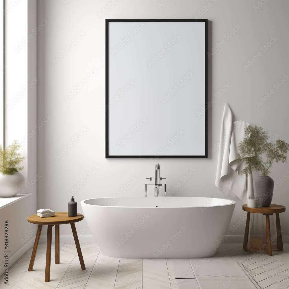 Fototapeta premium Modern bathroom interior with bathtub and empty painting for mock up.