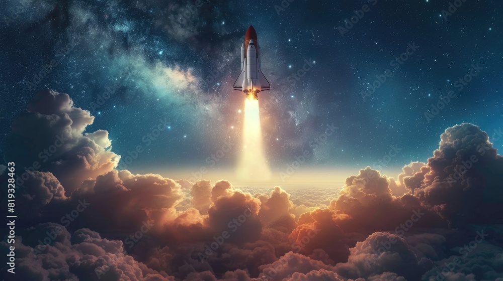Obraz premium Spaceship shuttle over clouds. Rocket flies to another planet. Spaceship takes off into the starry sky. Rocket in open space