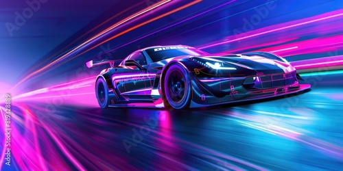 Speeding Sports Car On Neon Highway. Powerful acceleration of a supercar on a night track with colorful lights and trails
