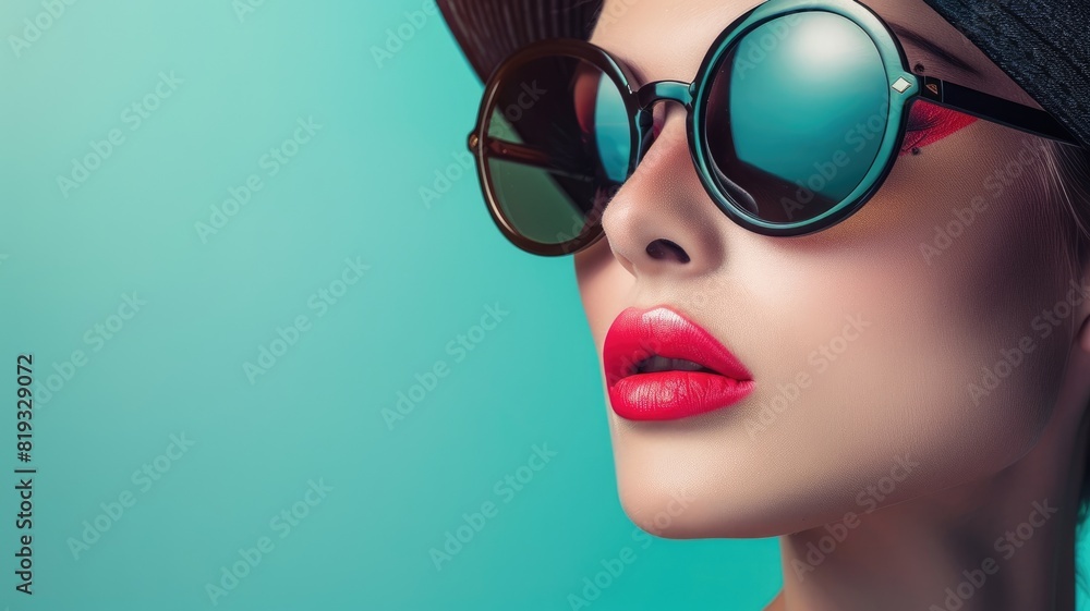 Caucasian female wearing large round sunglasses, red lipstick, and fashionable wide-brimmed hat Caucasian female wearing large round sunglasses, red lipstick, and fashionable wide-brimmed hat