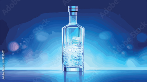 Vodka transparent glass bottle on blue blurred back