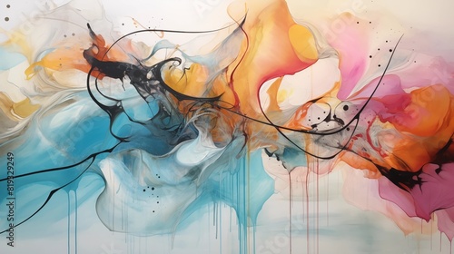 Vibrant Abstract Painting with Fluid Colors and Black Lines
