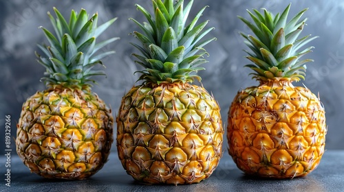  A trio of pineapples sits atop a black counter, against a gray backdrop