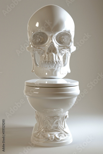 skull head toilet bowl, skullshaped, front view, white background, photorealistic // ai-generated 