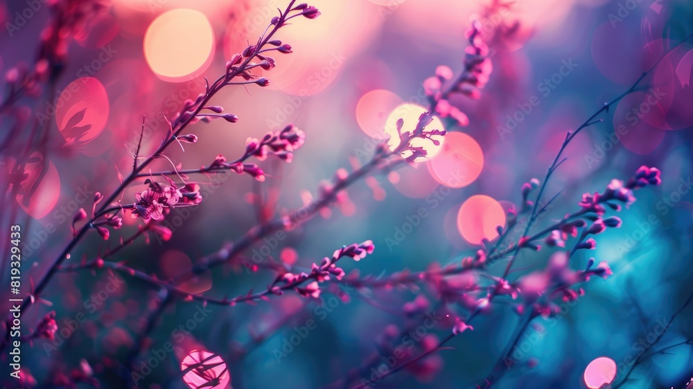 Close-up of blooming flowers with blurred bokeh lights in background, creating colorful, dreamy atmosphere