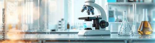 a modern microscope on a table in a laboratory with a blurred background. There is an empty space for text or product display.