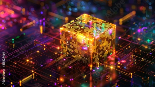 An electronic circuit shaped like a cube, adorned with neon lights at both its top and bottom, forming a part of a 3D-printed circuit