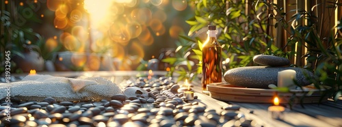 Spa treatments, massages, and calming environments supply massages, zen stones, towels, and candles for deep relaxation and tranquility, with space for text concepts. Spa background.
