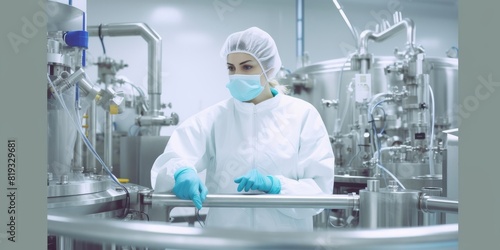 Pharmaceutical factory woman worker in protective clothing operating production line in sterile environment Pharmaceutical technician in sterile environment at pharmacy industry